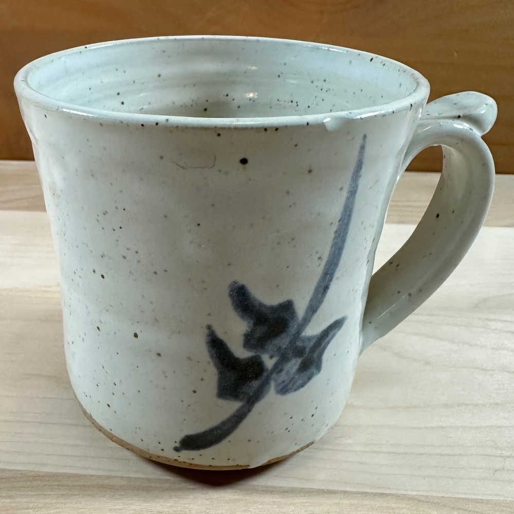 Pottery mug 3.5", handmade, signed, speckled with blue flowers